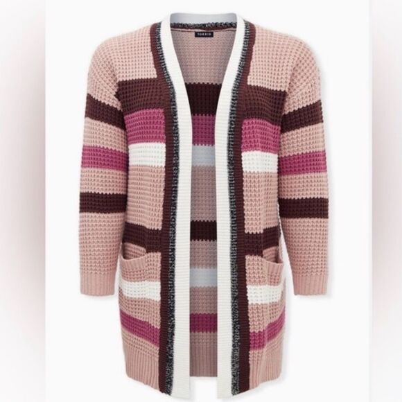 Striped Long Sleeve Open Front Pockets Longline Cardigan Sweater NWT - Picture 4 of 4